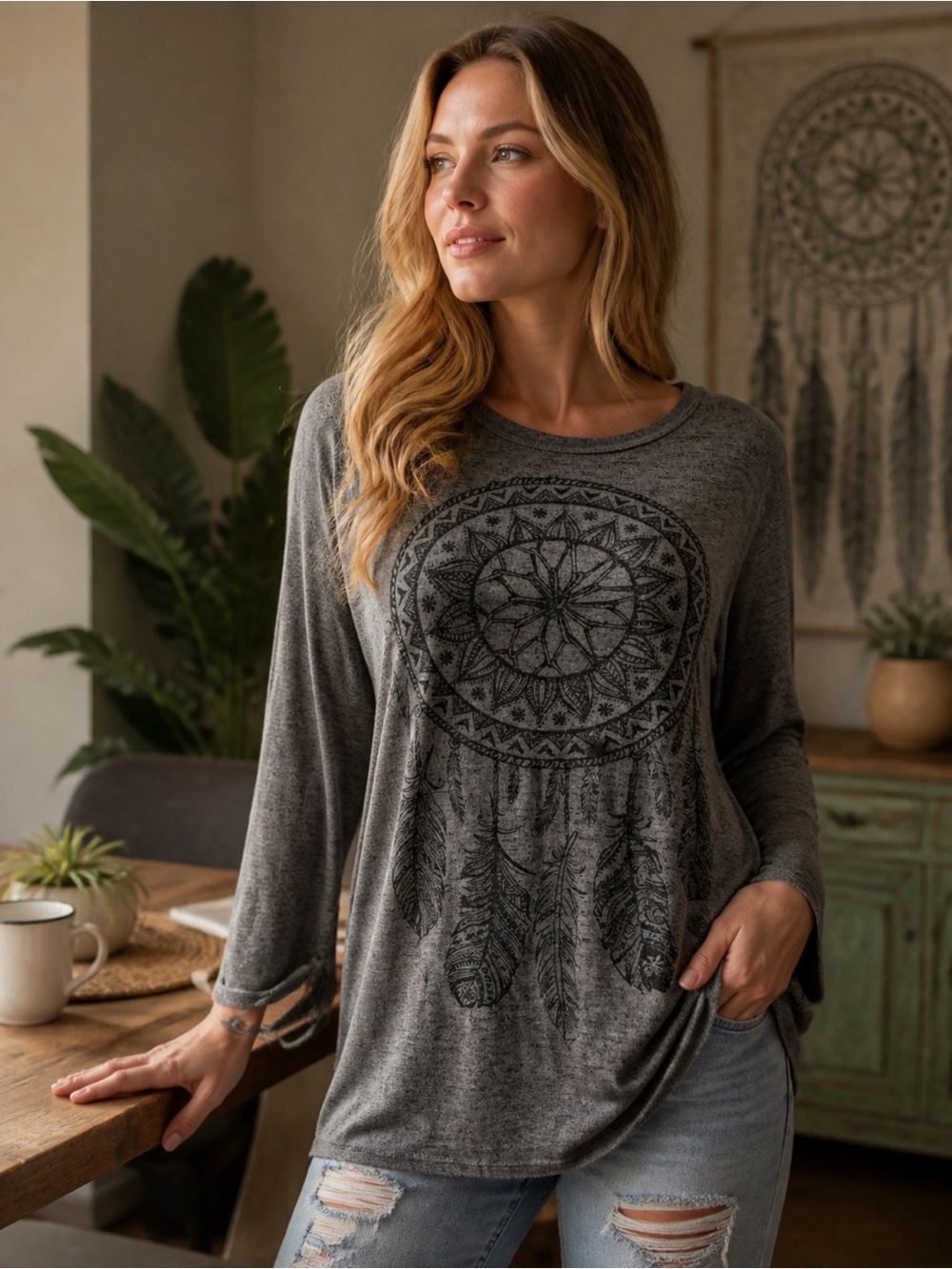 Misia Tan / Gray Long-Sleeve Top with Black Dreamcatcher Graphic